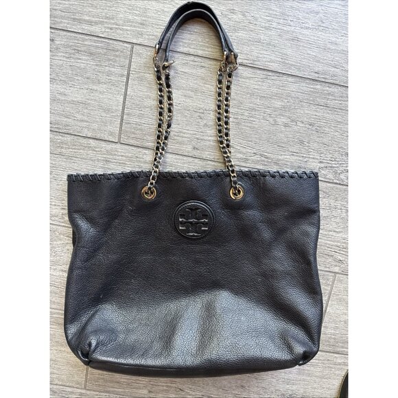Tory Burch Marion East-West Tote in Black Pebbled Leather Gold Handbag - Picture 1 of 5